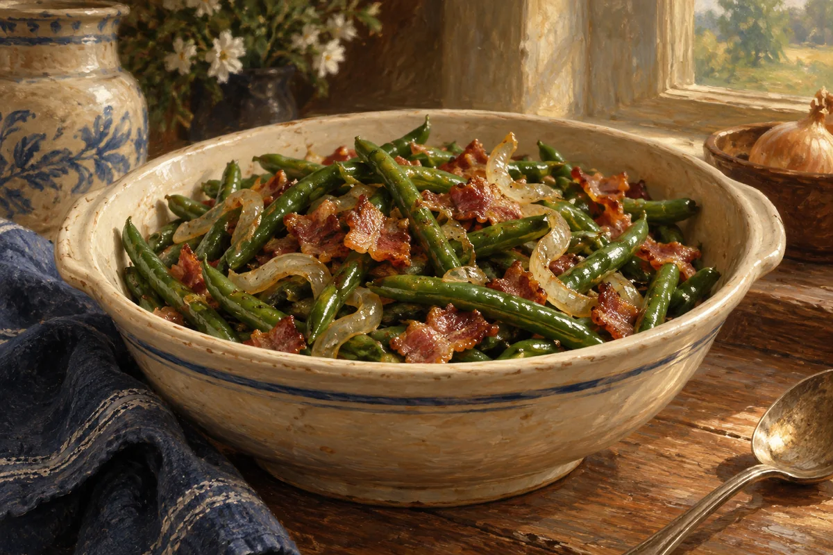 Green beans with bacon — a painted table