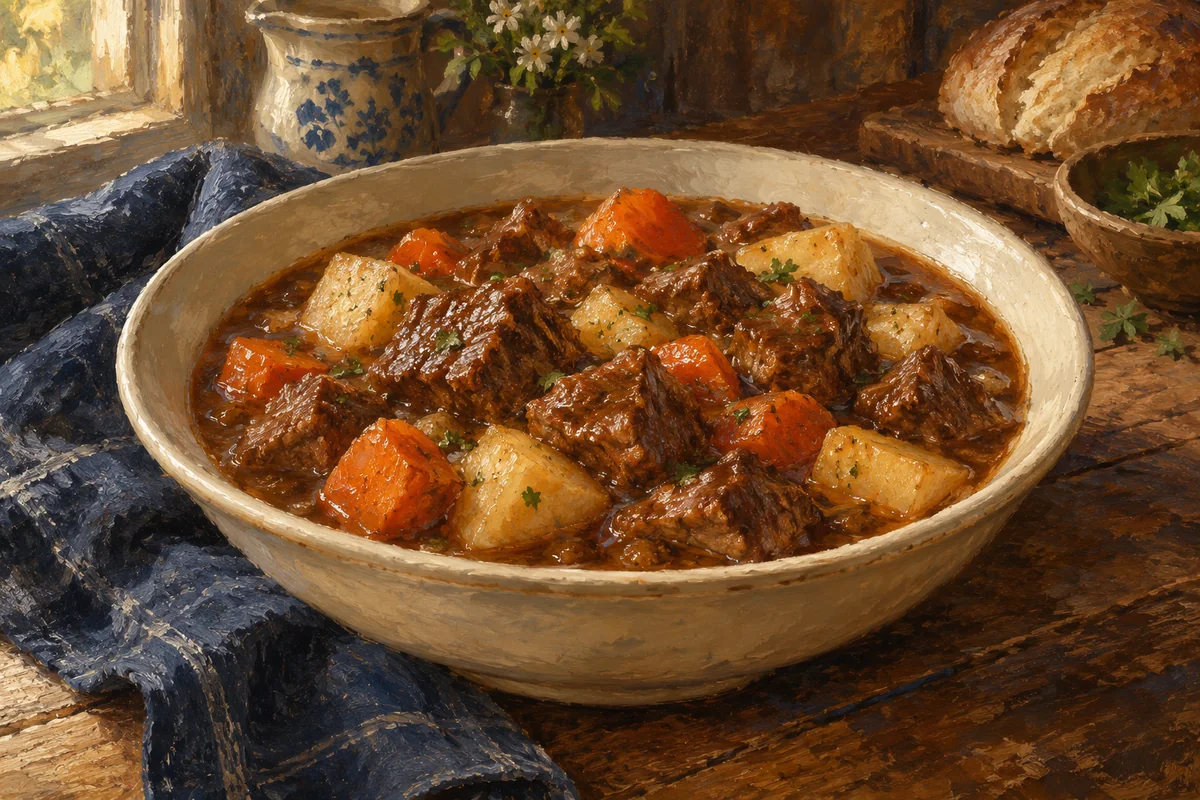 Slow Sunday beef stew — a painted table