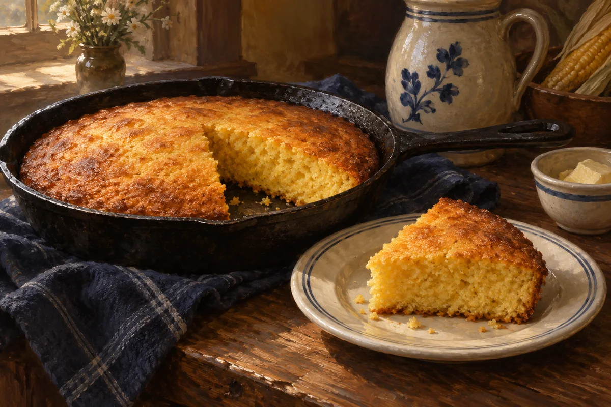 Golden skillet cornbread — a painted table