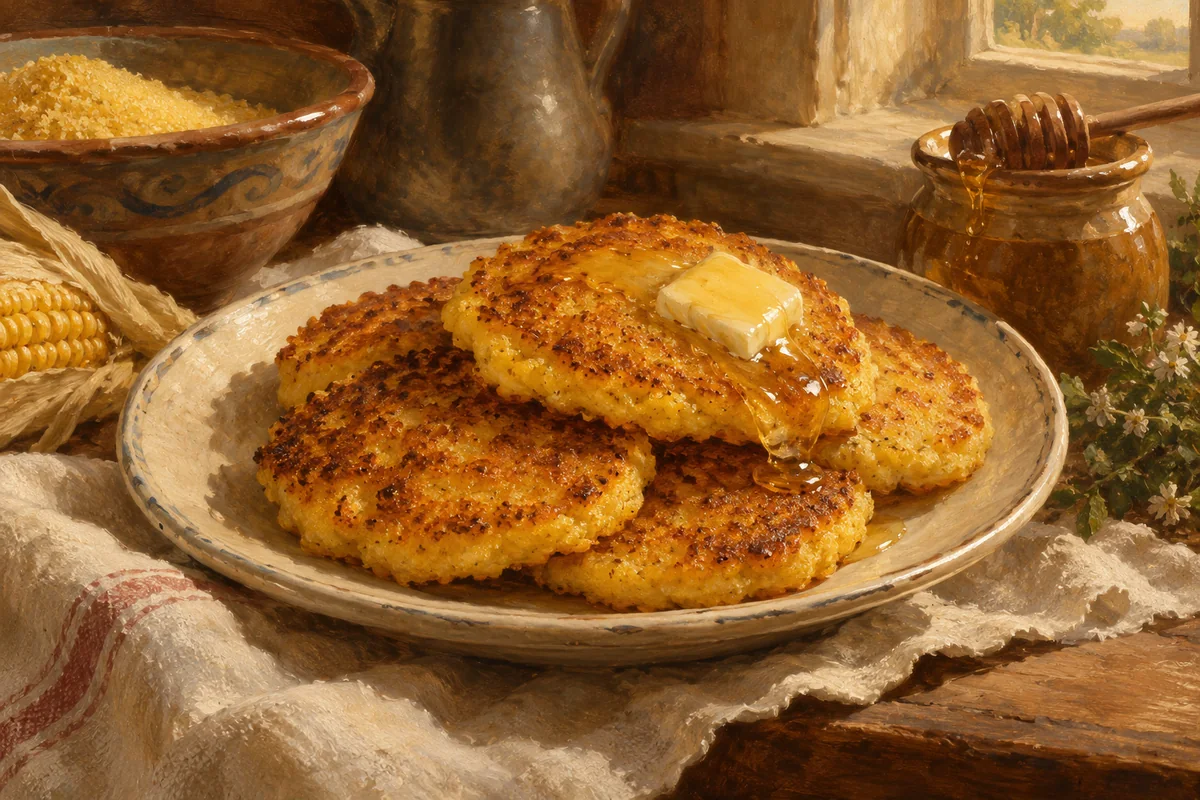Honey-butter hoecakes — a painted table